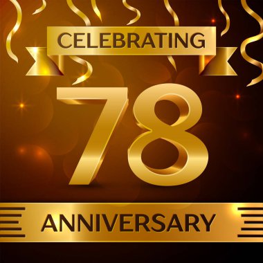 Gerçekçi yetmiş sekiz yıl yıldönümü kutlama tasarım. Altın konfeti ve altın şerit kahverengi zemin üzerinde. Doğum günü partin için renkli vektör şablon öğeleri