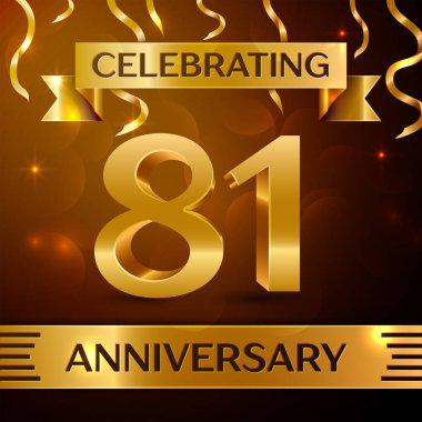 Gerçekçi seksen bir yıl yıldönümü kutlama tasarım. Altın konfeti ve altın şerit kahverengi zemin üzerinde. Doğum günü partin için renkli vektör şablon öğeleri