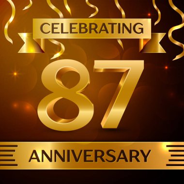 Gerçekçi seksen yedi yıl yıldönümü kutlama tasarım. Altın konfeti ve altın şerit kahverengi zemin üzerinde. Doğum günü partin için renkli vektör şablon öğeleri