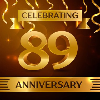 Gerçekçi seksen dokuz yıl yıldönümü kutlama tasarım. Altın konfeti ve altın şerit kahverengi zemin üzerinde. Doğum günü partin için renkli vektör şablon öğeleri