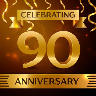 Gerçekçi doksan yıl yıldönümü kutlama tasarım. Altın konfeti ve altın şerit kahverengi zemin üzerinde. Doğum günü partin için renkli vektör şablon öğeleri