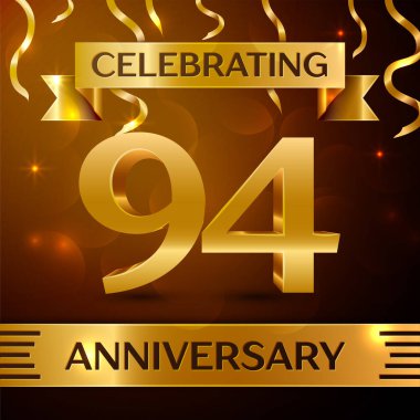 Gerçekçi doksan dört yıl yıldönümü kutlama tasarım. Altın konfeti ve altın şerit kahverengi zemin üzerinde. Doğum günü partin için renkli vektör şablon öğeleri