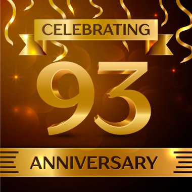 Gerçekçi doksan üç yıl yıldönümü kutlama tasarım. Altın konfeti ve altın şerit kahverengi zemin üzerinde. Doğum günü partin için renkli vektör şablon öğeleri
