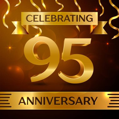 Gerçekçi doksan beş yıl yıldönümü kutlama tasarım. Altın konfeti ve altın şerit kahverengi zemin üzerinde. Doğum günü partin için renkli vektör şablon öğeleri