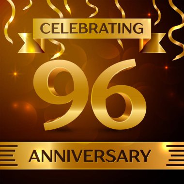 Gerçekçi doksan altı yıl yıldönümü kutlama tasarım. Altın konfeti ve altın şerit kahverengi zemin üzerinde. Doğum günü partin için renkli vektör şablon öğeleri