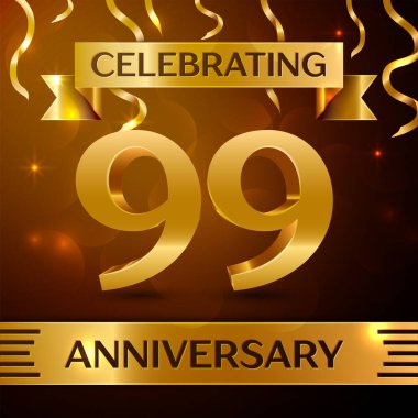 Gerçekçi doksan dokuz yıl yıldönümü kutlama tasarım. Altın konfeti ve altın şerit kahverengi zemin üzerinde. Doğum günü partin için renkli vektör şablon öğeleri