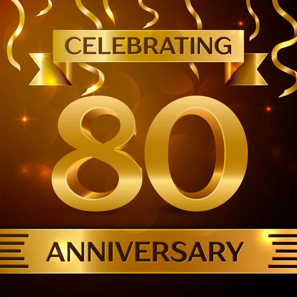 Gerçekçi seksen yıl yıldönümü kutlama tasarım. Altın konfeti ve altın şerit kahverengi zemin üzerinde. Doğum günü partin için renkli vektör şablon öğeleri