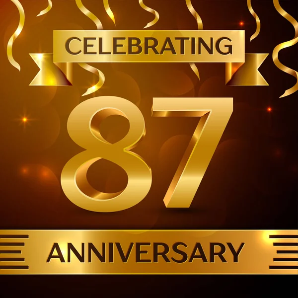 Gerçekçi seksen yedi yıl yıldönümü kutlama tasarım. Altın konfeti ve altın şerit kahverengi zemin üzerinde. Doğum günü partin için renkli vektör şablon öğeleri