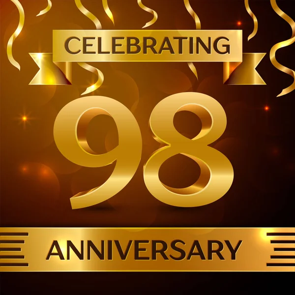 Gerçekçi doksan sekiz yıl yıldönümü kutlama tasarım. Altın konfeti ve altın şerit kahverengi zemin üzerinde. Doğum günü partin için renkli vektör şablon öğeleri