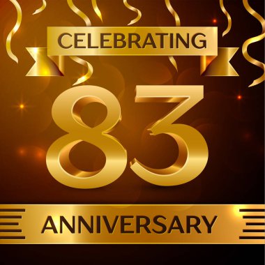 Gerçekçi seksen üç yıl yıldönümü kutlama tasarım. Altın konfeti ve altın şerit kahverengi zemin üzerinde. Doğum günü partin için renkli vektör şablon öğeleri