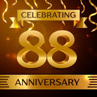 Gerçekçi seksen sekiz yıl yıldönümü kutlama tasarım. Altın konfeti ve altın şerit kahverengi zemin üzerinde. Doğum günü partin için renkli vektör şablon öğeleri