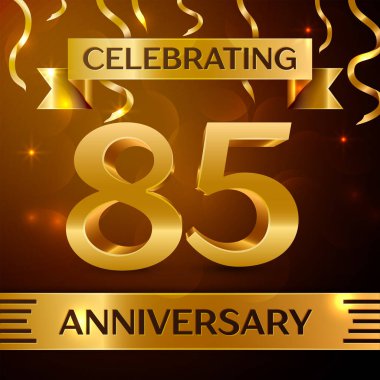 Gerçekçi seksen beş yıl yıldönümü kutlama tasarım. Altın konfeti ve altın şerit kahverengi zemin üzerinde. Doğum günü partin için renkli vektör şablon öğeleri