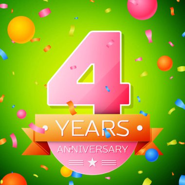 Gerçekçi dört yıl yıldönümü kutlama tasarım. Pembe numaraları ve altın şerit, yeşil zemin üzerine konfeti. Doğum günü partin için renkli vektör şablon öğeleri