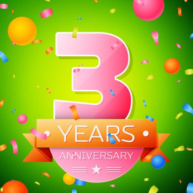 Gerçekçi üç yıl yıldönümü kutlama tasarım. Pembe numaraları ve altın şerit, yeşil zemin üzerine konfeti. Doğum günü partin için renkli vektör şablon öğeleri