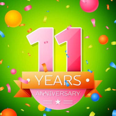 Gerçekçi on bir yıl yıldönümü kutlama tasarım. Pembe numaraları ve altın şerit, yeşil zemin üzerine konfeti. Doğum günü partin için renkli vektör şablon öğeleri