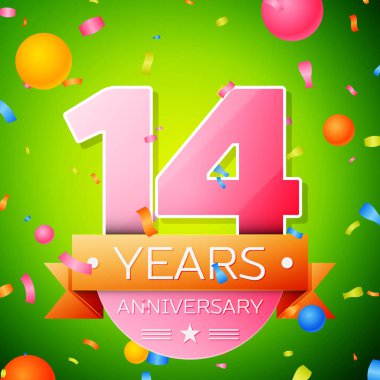 Gerçekçi on dört yıl yıldönümü kutlama tasarım. Pembe numaraları ve altın şerit, yeşil zemin üzerine konfeti. Doğum günü partin için renkli vektör şablon öğeleri