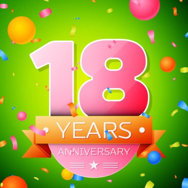 Gerçekçi on sekiz yıl yıldönümü kutlama tasarım. Pembe numaraları ve altın şerit, yeşil zemin üzerine konfeti. Doğum günü partin için renkli vektör şablon öğeleri
