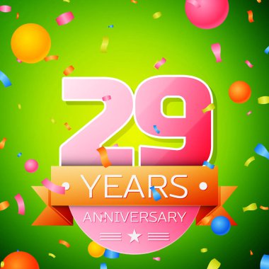 Gerçekçi yirmi dokuz yıl yıldönümü kutlama tasarım. Pembe numaraları ve altın şerit, yeşil zemin üzerine konfeti. Doğum günü partin için renkli vektör şablon öğeleri