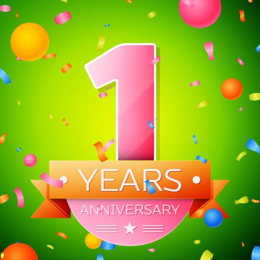 Gerçekçi bir yıl yıldönümü kutlama tasarım. Pembe numaraları ve altın şerit, yeşil zemin üzerine konfeti. Doğum günü partin için renkli vektör şablon öğeleri