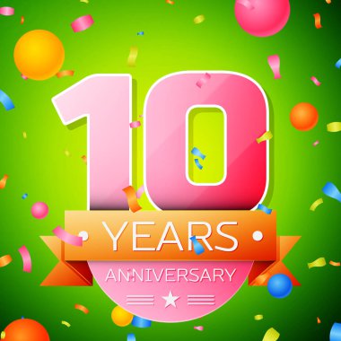 Gerçekçi on yıl yıldönümü kutlama tasarım. Pembe numaraları ve altın şerit, yeşil zemin üzerine konfeti. Doğum günü partin için renkli vektör şablon öğeleri