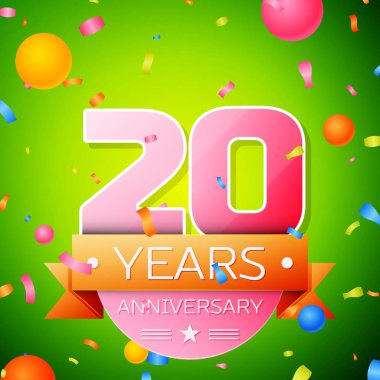 Gerçekçi yirmi yıl yıldönümü kutlama tasarım. Pembe numaraları ve altın şerit, yeşil zemin üzerine konfeti. Doğum günü partin için renkli vektör şablon öğeleri
