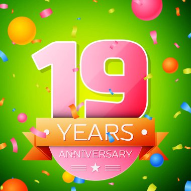 Gerçekçi on dokuz yıl yıldönümü kutlama tasarım. Pembe numaraları ve altın şerit, yeşil zemin üzerine konfeti. Doğum günü partin için renkli vektör şablon öğeleri