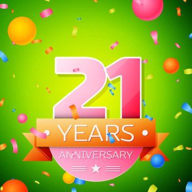 Gerçekçi yirmi bir yıl yıldönümü kutlama tasarım. Pembe numaraları ve altın şerit, yeşil zemin üzerine konfeti. Doğum günü partin için renkli vektör şablon öğeleri
