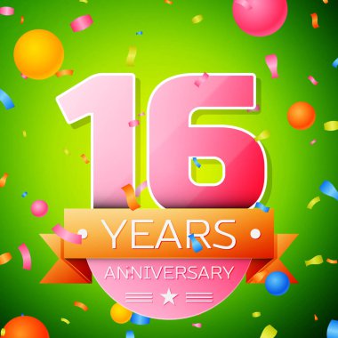 Gerçekçi on altı yıl yıldönümü kutlama tasarım. Pembe numaraları ve altın şerit, yeşil zemin üzerine konfeti. Doğum günü partin için renkli vektör şablon öğeleri