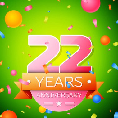 Gerçekçi yirmi iki yıl yıldönümü kutlama tasarım. Pembe numaraları ve altın şerit, yeşil zemin üzerine konfeti. Doğum günü partin için renkli vektör şablon öğeleri