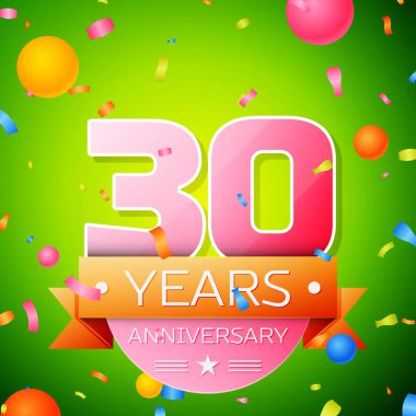 Gerçekçi otuz yıl yıldönümü kutlama tasarım. Pembe numaraları ve altın şerit, yeşil zemin üzerine konfeti. Doğum günü partin için renkli vektör şablon öğeleri