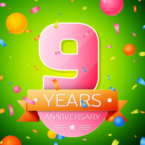 Gerçekçi dokuz yıl yıldönümü kutlama tasarım. Pembe numaraları ve altın şerit, yeşil zemin üzerine konfeti. Doğum günü partin için renkli vektör şablon öğeleri