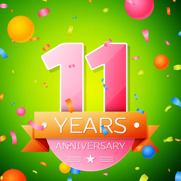 Gerçekçi on bir yıl yıldönümü kutlama tasarım. Pembe numaraları ve altın şerit, yeşil zemin üzerine konfeti. Doğum günü partin için renkli vektör şablon öğeleri