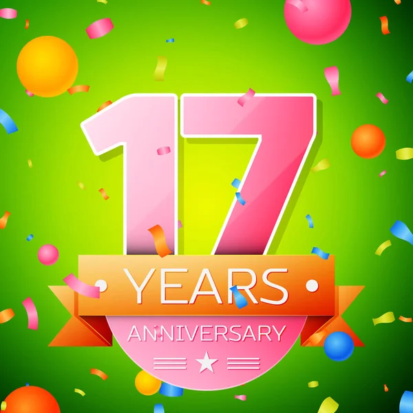 Realistic Seventeen Years Anniversary Celebration Design. Números rosados y cinta dorada, confeti sobre fondo verde. Coloridos elementos de plantilla Vector para su fiesta de cumpleaños — Archivo Imágenes Vectoriales