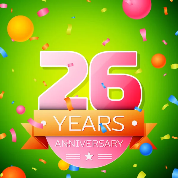 Realistic Twenty six Years Anniversary Celebration Design. Números rosados y cinta dorada, confeti sobre fondo verde. Coloridos elementos de plantilla Vector para su fiesta de cumpleaños — Archivo Imágenes Vectoriales