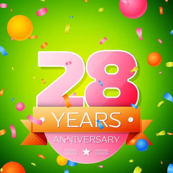 Gerçekçi yirmi sekiz yıl yıldönümü kutlama tasarım. Pembe numaraları ve altın şerit, yeşil zemin üzerine konfeti. Doğum günü partin için renkli vektör şablon öğeleri