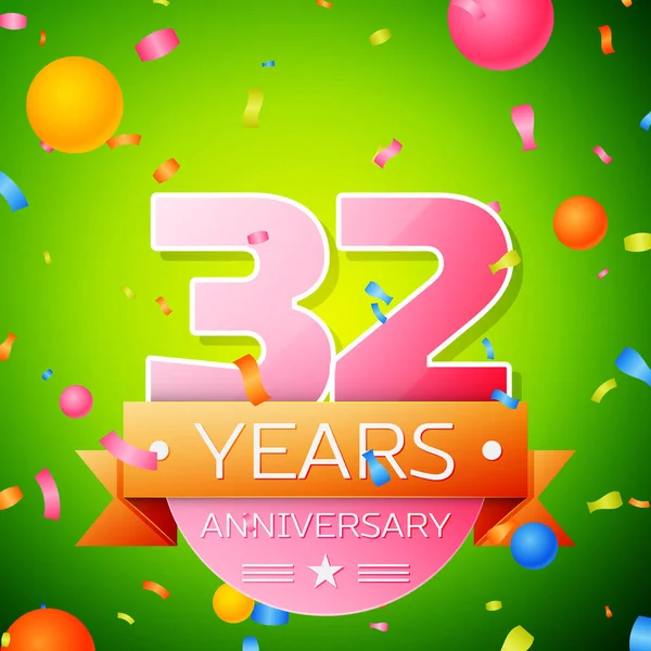 Realistic Thirty two Years Anniversary Celebration Design. Números rosados y cinta dorada, confeti sobre fondo verde. Coloridos elementos de plantilla Vector para su fiesta de cumpleaños — Vector de stock