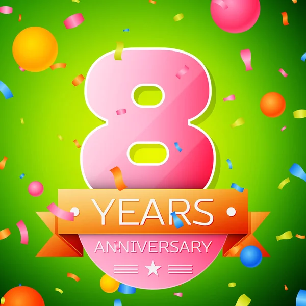 Gerçekçi sekiz yıl yıldönümü kutlama tasarım. Pembe numaraları ve altın şerit, yeşil zemin üzerine konfeti. Doğum günü partin için renkli vektör şablon öğeleri