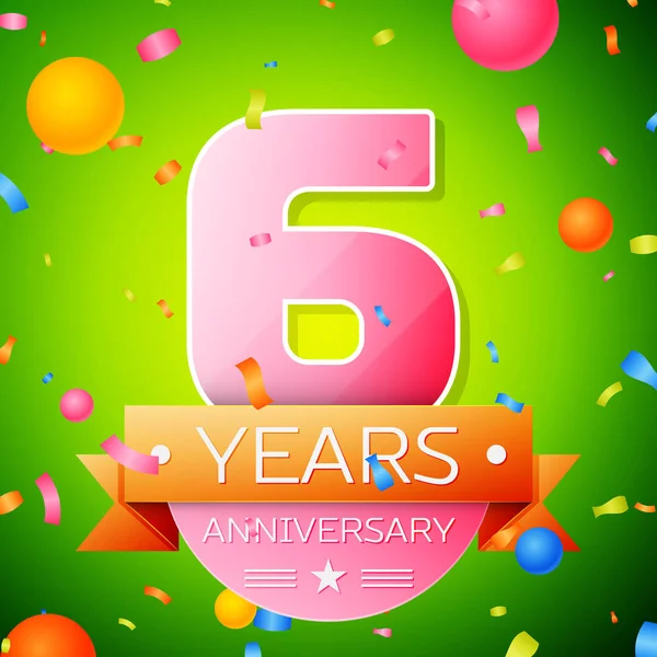 Gerçekçi altı yıl yıldönümü kutlama tasarım. Pembe numaraları ve altın şerit, yeşil zemin üzerine konfeti. Doğum günü partin için renkli vektör şablon öğeleri