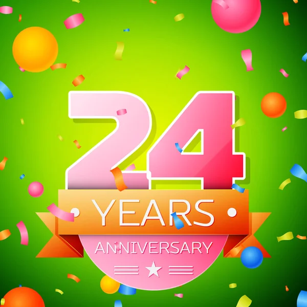 Gerçekçi yirmi dört yıl yıldönümü kutlama tasarım. Pembe numaraları ve altın şerit, yeşil zemin üzerine konfeti. Doğum günü partin için renkli vektör şablon öğeleri