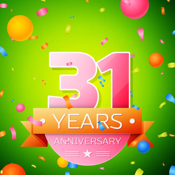Gerçekçi otuz bir yıl yıldönümü kutlama tasarım. Pembe numaraları ve altın şerit, yeşil zemin üzerine konfeti. Doğum günü partin için renkli vektör şablon öğeleri