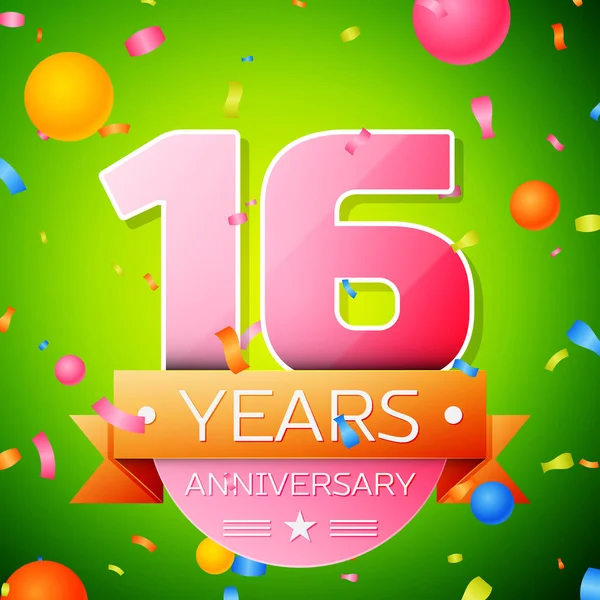 Gerçekçi on altı yıl yıldönümü kutlama tasarım. Pembe numaraları ve altın şerit, yeşil zemin üzerine konfeti. Doğum günü partin için renkli vektör şablon öğeleri