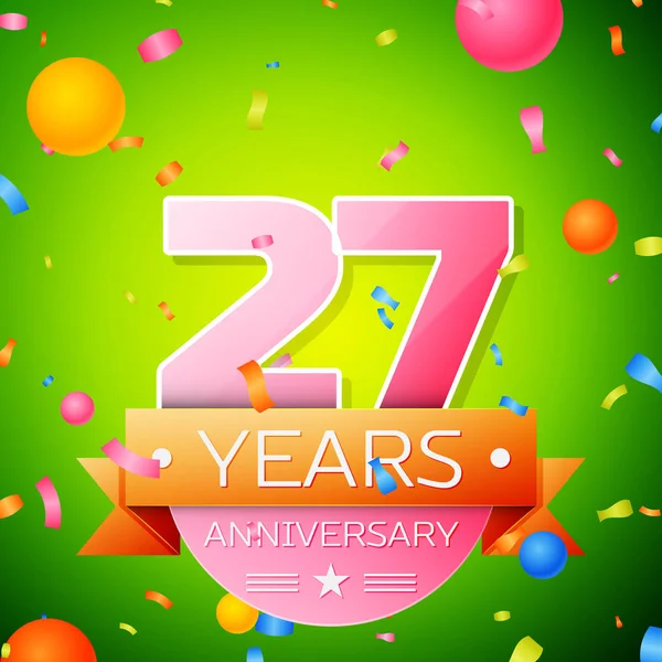 Gerçekçi yirmi yedi yıl yıldönümü kutlama tasarım. Pembe numaraları ve altın şerit, yeşil zemin üzerine konfeti. Doğum günü partin için renkli vektör şablon öğeleri