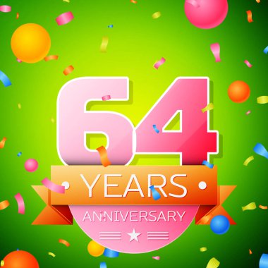 Gerçekçi altmış dört yıl yıldönümü kutlama tasarım. Pembe numaraları ve altın şerit, yeşil zemin üzerine konfeti. Doğum günü partin için renkli vektör şablon öğeleri