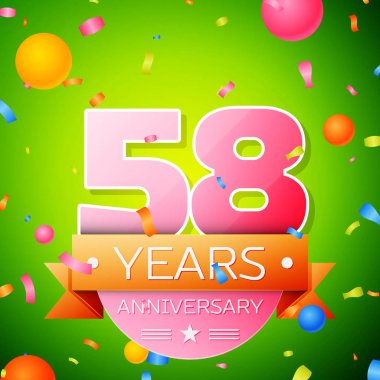 Gerçekçi elli sekiz yıl yıldönümü kutlama tasarım. Pembe numaraları ve altın şerit, yeşil zemin üzerine konfeti. Doğum günü partin için renkli vektör şablon öğeleri