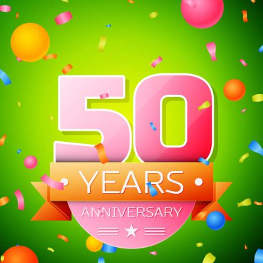 Gerçekçi elli yıl yıldönümü kutlama tasarım. Pembe numaraları ve altın şerit, yeşil zemin üzerine konfeti. Doğum günü partin için renkli vektör şablon öğeleri