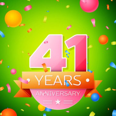 Gerçekçi kırk bir yıl yıldönümü kutlama tasarım. Pembe numaraları ve altın şerit, yeşil zemin üzerine konfeti. Doğum günü partin için renkli vektör şablon öğeleri