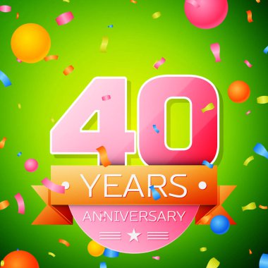 Gerçekçi kırk yıl yıldönümü kutlama tasarım. Pembe numaraları ve altın şerit, yeşil zemin üzerine konfeti. Doğum günü partin için renkli vektör şablon öğeleri