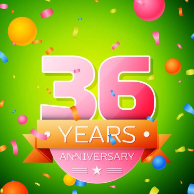 Gerçekçi otuz altı yıl yıldönümü kutlama tasarım. Pembe numaraları ve altın şerit, yeşil zemin üzerine konfeti. Doğum günü partin için renkli vektör şablon öğeleri