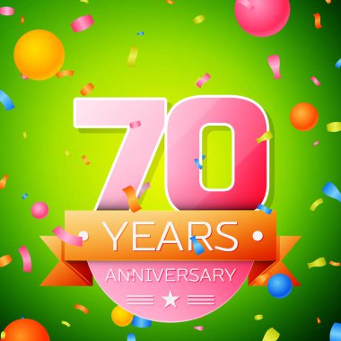 Gerçekçi yetmiş yıl yıldönümü kutlama tasarım. Pembe numaraları ve altın şerit, yeşil zemin üzerine konfeti. Doğum günü partin için renkli vektör şablon öğeleri