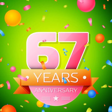 Gerçekçi altmış yedi yıl yıldönümü kutlama tasarım. Pembe numaraları ve altın şerit, yeşil zemin üzerine konfeti. Doğum günü partin için renkli vektör şablon öğeleri